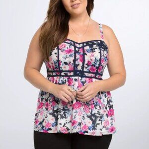 Torrid Floral Chiffon Babydoll Cami Top with Navy Piping detail
